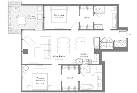 Floor plan for 2 beds, 2 baths, 1318 sqft
